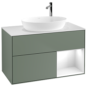 Villeroy und Boch Finion Waschtischunterschrank F901GFGM 100cm, Abdeckplatte white matt, Regale Glossy white lacquer, Olive Matt Lacquer