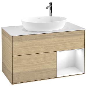 Villeroy und Boch Finion Waschtischunterschrank F901GFPC 100cm, Abdeckplatte white matt, Regale Glossy white lacquer, Oak Veneer