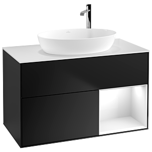 Villeroy et Boch Finion Villeroy et Boch F901GFPD 100cm, plaque de recouvrement blanc mat, étagères laqué blanc brillant, laqué noir mat