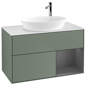 Villeroy und Boch Finion Waschtischunterschrank F901GKGM 100cm, Abdeckplatte white matt, Regale Anthracite matt lacquer, Olive Matt Lacquer