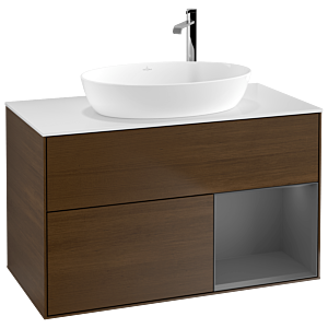 Villeroy und Boch Finion Waschtischunterschrank F901GKGN 100cm, Abdeckplatte white matt, Regale Anthracite matt lacquer, Walnut veneer
