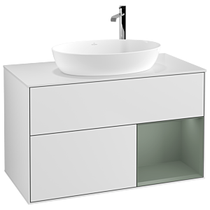 Villeroy et Boch Finion Villeroy et Boch F901GMMT 100cm, plaque de recouvrement blanc mat, étagères laqué olive mat, laqué blanc mat