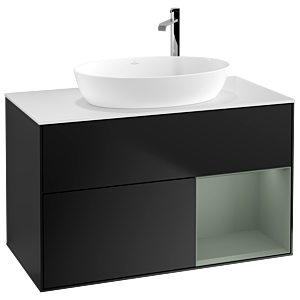Villeroy und Boch Finion Waschtischunterschrank F901GMPD 100cm, Abdeckplatte white matt, Regale Olive matt lacquer, Black matt lacquer