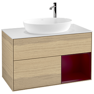 Villeroy und Boch Finion Waschtischunterschrank F901HBPC 100cm, Abdeckplatte white matt, Regale Peony matt lacquer, Oak Veneer