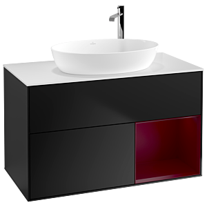 Villeroy und Boch Finion Waschtischunterschrank F901HBPD 100cm, Abdeckplatte white matt, Regale Peony matt lacquer, Black matt lacquer