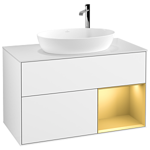 Villeroy und Boch Finion Waschtischunterschrank F901HFGF 100cm, Abdeckplatte white matt, Regale Gold matt lacquer, Glossy white lacquer