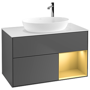 Villeroy und Boch Finion Waschtischunterschrank F901HFGK 100cm, Abdeckplatte white matt, Regale Gold matt lacquer, Anthracite matt