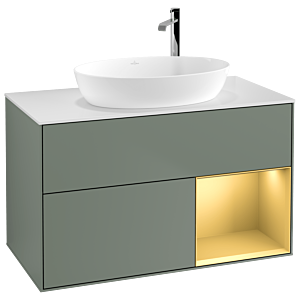 Villeroy und Boch Finion Waschtischunterschrank F901HFGM 100cm, Abdeckplatte white matt, Regale Gold matt lacquer, Olive Matt Lacquer