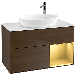 Villeroy und Boch Finion Waschtischunterschrank F901HFGN 100cm, Abdeckplatte white matt, Regale Gold matt lacquer, Walnut veneer