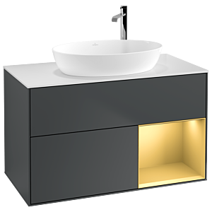 Villeroy und Boch Finion Waschtischunterschrank F901HFHG 100cm, Abdeckplatte white matt, Regale Gold matt lacquer, Midnight Blue Matt Lacquer