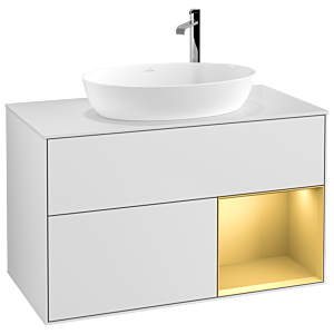 Villeroy und Boch Finion Waschtischunterschrank F901HFMT 100cm, Abdeckplatte white matt, Regale Gold matt lacquer, White matt lacquer