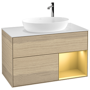 Villeroy und Boch Finion Waschtischunterschrank F901HFPC 100cm, Abdeckplatte white matt, Regale Gold matt lacquer, Oak Veneer