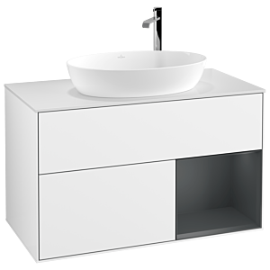 Villeroy und Boch Finion Waschtischunterschrank F901HGGF 100cm, Abdeckplatte white matt, Regale Midnight matt lacquer, Glossy white lacquer