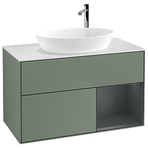 Villeroy und Boch Finion Waschtischunterschrank F901HGGM 100cm, Abdeckplatte white matt, Regale Midnight matt lacquer, Olive Matt Lacquer