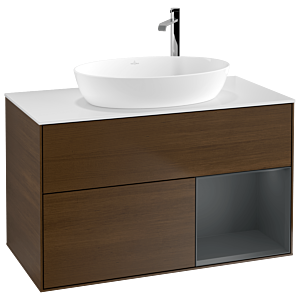 Villeroy und Boch Finion Waschtischunterschrank F901HGGN 100cm, Abdeckplatte white matt, Regale Midnight matt lacquer, Walnut veneer
