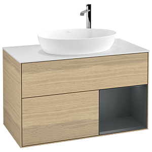 Villeroy und Boch Finion Waschtischunterschrank F901HGPC 100cm, Abdeckplatte white matt, Regale Midnight matt lacquer, Oak Veneer