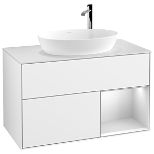 Villeroy und Boch Finion Waschtischunterschrank F901MTGF 100cm, Abdeckplatte white matt, Regale White matt lacquer, Glossy white lacquer