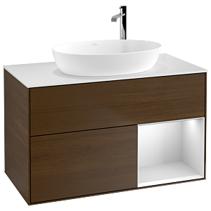 Villeroy und Boch Finion Waschtischunterschrank F901MTGN 100cm, Abdeckplatte white matt, Regale White matt lacquer, Walnut veneer