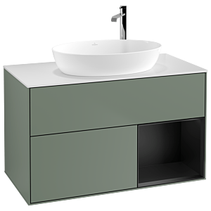 Villeroy et Boch Finion Villeroy et Boch F901PDGM 100cm, plaque de recouvrement blanc mat, étagères laqué noir mat, Olive Matt Lacquer