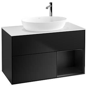 Villeroy et Boch Finion Villeroy et Boch F901PDPD 100cm, plaque de recouvrement blanc mat, étagères laqué noir mat, laqué noir mat