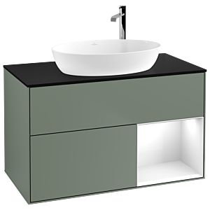 Villeroy und Boch Finion Waschtischunterschrank F902GFGM 100cm, Abdeckplatte black matt, Regale Glossy white lacquer, Olive Matt Lacquer