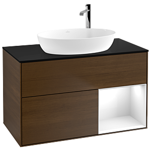 Villeroy et Boch Finion Villeroy et Boch F902GFGN 100cm, plaque de recouvrement noir mat, étagères Laque blanche brillante, placage noyer