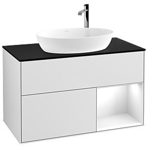 Villeroy et Boch Finion Villeroy et Boch F902GFMT 100cm, plaque de recouvrement noir mat, étagères laqué blanc brillant, laqué blanc mat