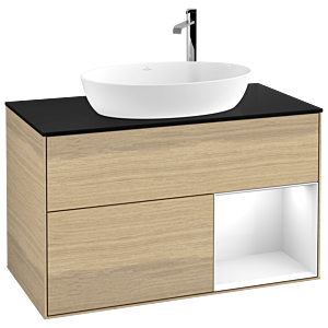 Villeroy et Boch Finion Villeroy et Boch F902GFPC 100cm, plaque de recouvrement noir mat, étagères Laque blanche brillante, Oak Veneer