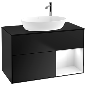 Villeroy et Boch Finion Villeroy et Boch F902GFPD 100cm, plaque de recouvrement noir mat, étagères Laque blanche brillante, laque noire mate