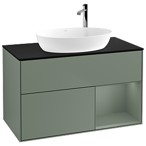 Villeroy und Boch Finion Waschtischunterschrank F902GMGM 100cm, Abdeckplatte black matt, Regale Olive matt lacquer, Olive Matt Lacquer