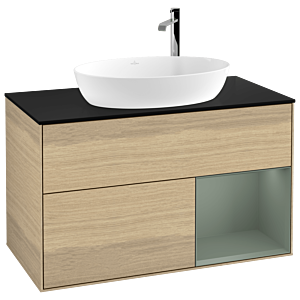Villeroy und Boch Finion Waschtischunterschrank F902GMPC 100cm, Abdeckplatte black matt, Regale Olive matt lacquer, Oak Veneer