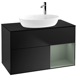 Villeroy und Boch Finion Waschtischunterschrank F902GMPD 100cm, Abdeckplatte black matt, Regale Olive matt lacquer, Black matt lacquer