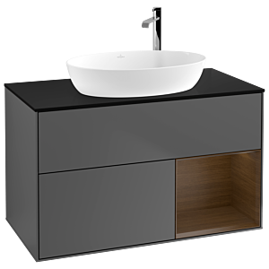 Villeroy und Boch Finion Waschtischunterschrank F902GNGK 100cm, Abdeckplatte black matt, Regale Walnut Veneer, Anthracite matt