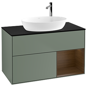 Villeroy und Boch Finion Waschtischunterschrank F902GNGM 100cm, Abdeckplatte black matt, Regale Walnut Veneer, Olive Matt Lacquer