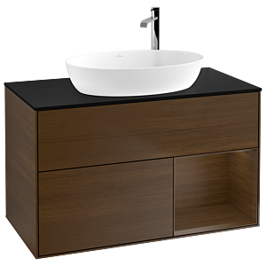 Villeroy und Boch Finion Waschtischunterschrank F902GNGN 100cm, Abdeckplatte black matt, Regale Walnut Veneer, Walnut veneer