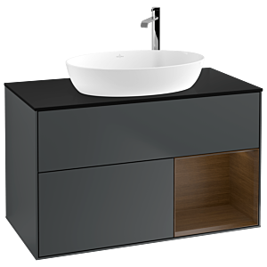Villeroy und Boch Finion Waschtischunterschrank F902GNHG 100cm, Abdeckplatte black matt, Regale Walnut Veneer, Midnight Blue Matt Lacquer
