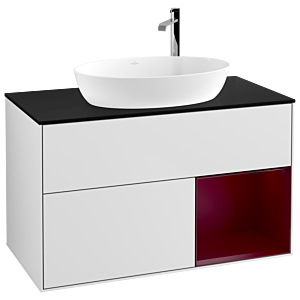 Villeroy et Boch Finion Villeroy et Boch F902HBMT 100cm, plaque de recouvrement noir mat, étagères Peony laqué mat, laqué blanc mat