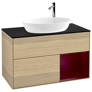 Villeroy et Boch Finion Villeroy et Boch F902HBPC 100cm, plaque de recouvrement noire mate, étagères en laque matte Peony , Oak Veneer