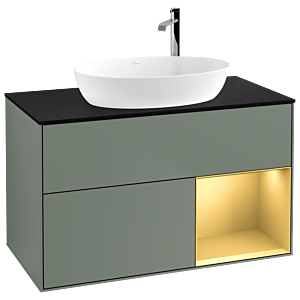 Villeroy et Boch Finion Villeroy et Boch F902HFGM 100cm, plaque de recouvrement noir mat, étagères laqué mat or, Olive Matt Lacquer