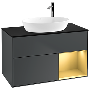 Villeroy et Boch Finion Villeroy et Boch F902HFHG 100cm, plaque de recouvrement noir mat, étagères laqué or mat, Midnight Blue Matt Lacquer