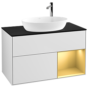 Villeroy et Boch Finion Villeroy et Boch F902HFMT 100cm, plaque de recouvrement noir mat, étagères laqué or mat, laqué blanc mat