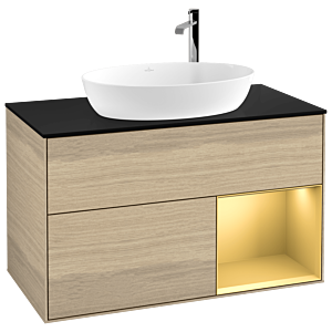 Villeroy et Boch Finion Villeroy et Boch F902HFPC 100cm, plaque de recouvrement noir mat, étagères laqué mat or, Oak Veneer