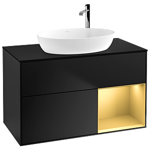 Villeroy et Boch Finion Villeroy et Boch F902HFPD 100cm, plaque de recouvrement noir mat, étagères laqué or mat, laqué noir mat