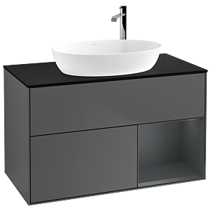Villeroy und Boch Finion Waschtischunterschrank F902HGGK 100cm, Abdeckplatte black matt, Regale Midnight matt lacquer, Anthracite matt