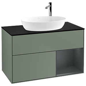 Villeroy und Boch Finion Waschtischunterschrank F902HGGM 100cm, Abdeckplatte black matt, Regale Midnight matt lacquer, Olive Matt Lacquer