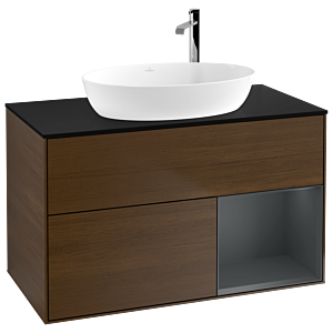 Villeroy und Boch Finion Waschtischunterschrank F902HGGN 100cm, Abdeckplatte black matt, Regale Midnight matt lacquer, Walnut veneer