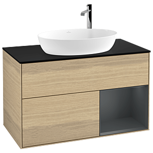 Villeroy et Boch Finion Villeroy et Boch F902HGPC 100cm, plaque de recouvrement noir mat, étagères laqué mat Midnight, Oak Veneer