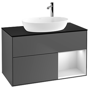 Villeroy und Boch Finion Waschtischunterschrank F902MTGK 100cm, Abdeckplatte black matt, Regale White matt lacquer, Anthracite matt