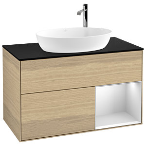 Villeroy und Boch Finion Waschtischunterschrank F902MTPC 100cm, Abdeckplatte black matt, Regale White matt lacquer, Oak Veneer