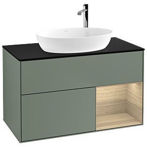 Villeroy und Boch Finion Waschtischunterschrank F902PCGM 100cm, Abdeckplatte black matt, Regale Oak Veneer, Olive Matt Lacquer